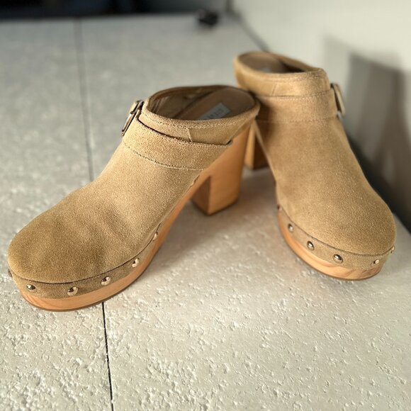 Steve Madden NWOT SZ 10 Hilde Tan Suede Leather Wood Heeled Clog 70's Boho Retro - Picture 6 of 11